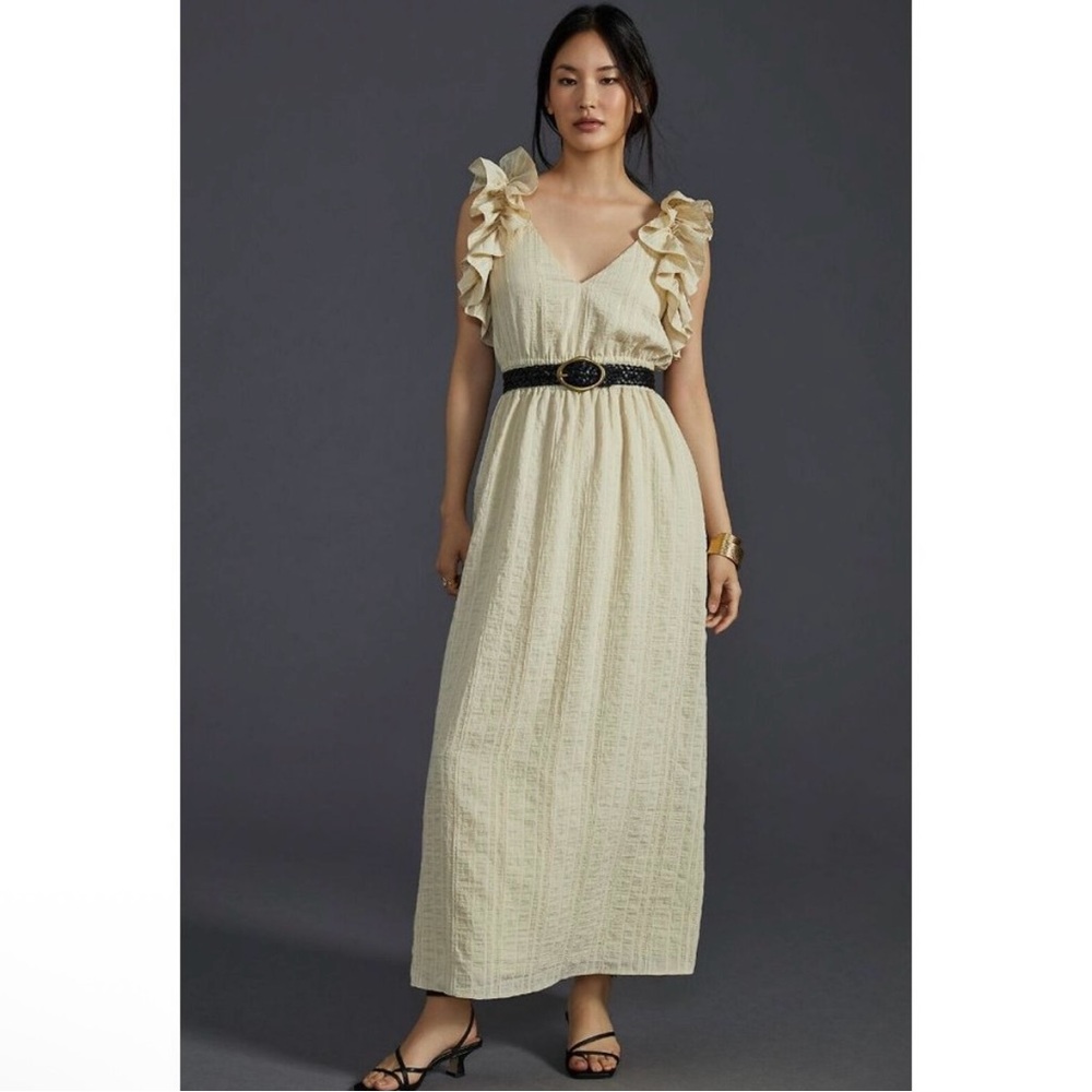 Anthropologie Mare Mare Flutter-Sleeve Maxi Dress S Ruffle Striped Neutral